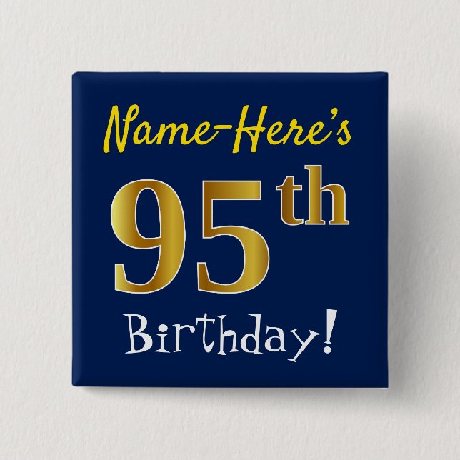 Badge Carré 5 Cm Blue, Faux Gold 95e anniversaire, avec nom personn (Devant)