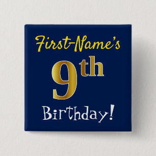 Badge Carré 5 Cm Blue, Faux Gold 9e anniversaire, avec nom personna