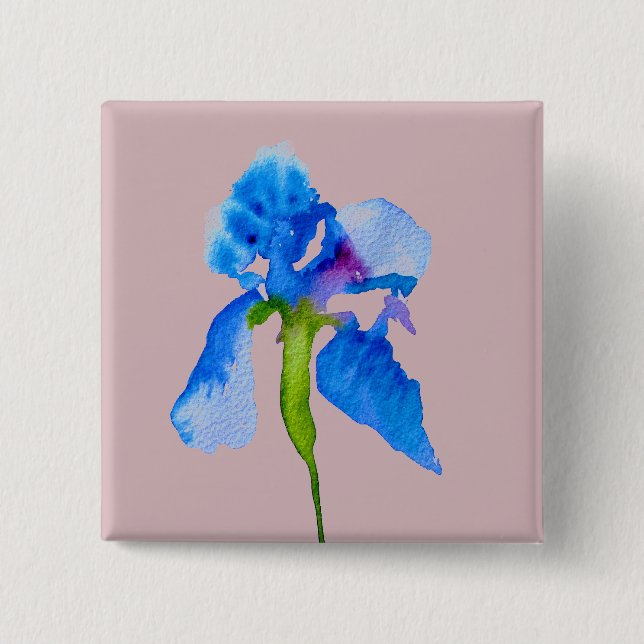 Badge Carré 5 Cm Blue Iris moderne aquarelle florale art (Devant)