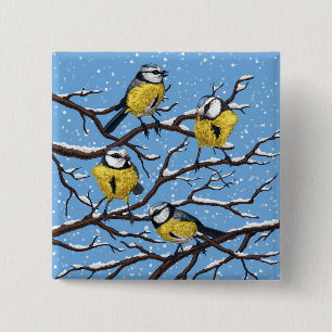 Badge Carré 5 Cm Blue tit birds en hiver