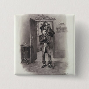 Badge Carré 5 Cm Bob Cratchit et Tim minuscule, de 'Charles Dickens