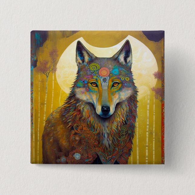 Badge Carré 5 Cm Boho Wolf Surreal Wildlife Art (Devant)
