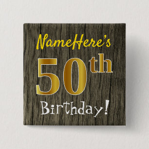 Badge Carré 5 Cm Bois de Faux, anniversaire d'or de Faux