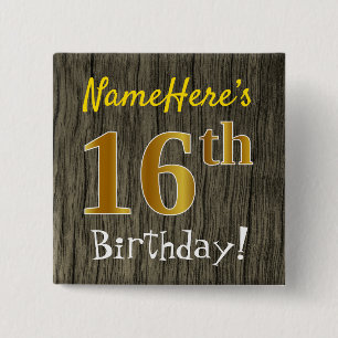 Badge Carré 5 Cm Bois de Faux, anniversaire d'or de Faux 16ème +