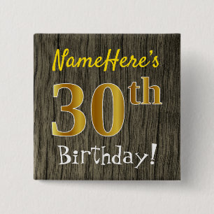 Badge Carré 5 Cm Bois de Faux, anniversaire d'or de Faux 30ème +