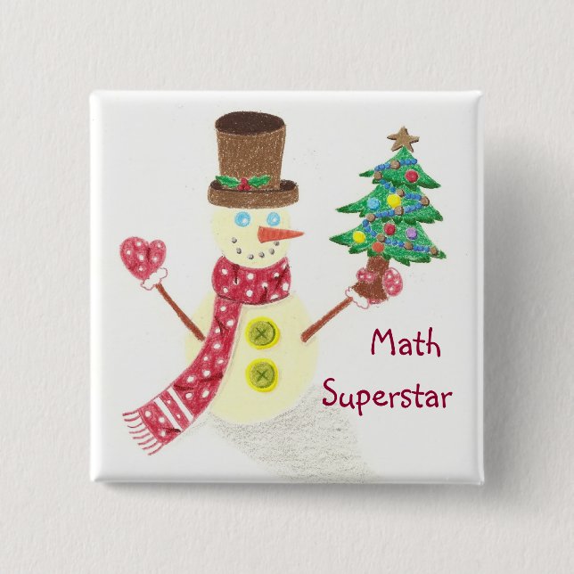 Badge Carré 5 Cm Bon bonhomme de neige, Math Superstar (Devant)