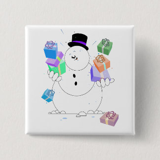 Badge Carré 5 Cm Bonhomme de neige avec des cadeaux