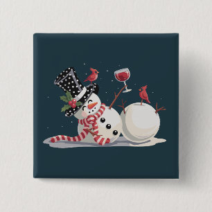 Badge Carré 5 Cm Bonhomme de neige de Noël avec cadeau de vin Xmas