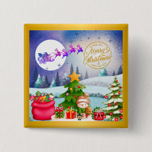 Badge Carré 5 Cm Bonhomme de neige Joyeux Noël Arbre Cadeau & Bonne