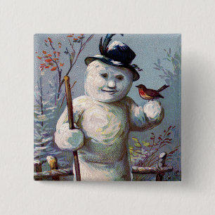 Badge Carré 5 Cm Bonhomme de neige Oiseau Hiver Neige Oiseau chante