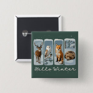 Badge Carré 5 Cm Bonjour Animaux d'Hiver Cerf Hibou Renard Ours Sai