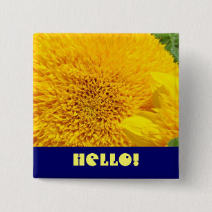 Badge Carré 5 Cm Bonjour ! bouton Bleu Jaune Tournesol bouton