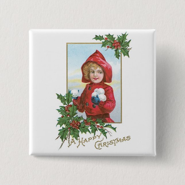 Badge Carré 5 Cm Bonne fille de Noël avec des boules de neige (Devant)