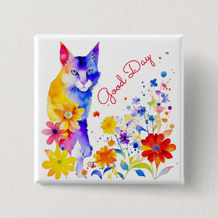 Badge Carré 5 Cm Bonne journée Chat et fleurs à l'aquarelle