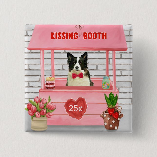 Badge Carré 5 Cm Bordure Collie Chien Saint Valentin Baiser Booth (Devant)
