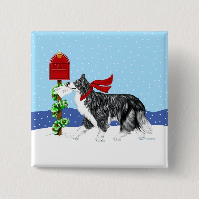 Badge Carré 5 Cm Bordure de Noël Collie Mail (Devant)
