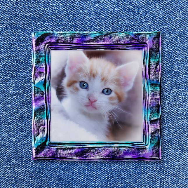 Badge Carré 5 Cm Bordure moulée Turquoise et violette (Pretty Aqua Blue and Purple Photo Border Button)