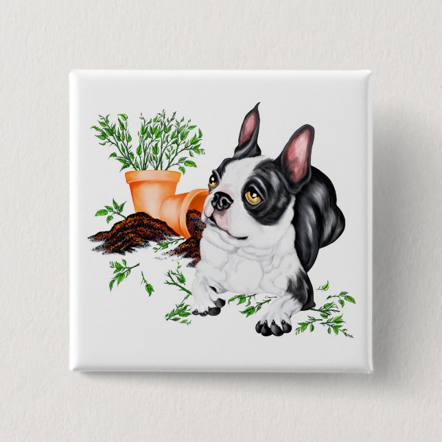 Badge Carré 5 Cm Boston Terrier Naughty Pup Button (Devant)