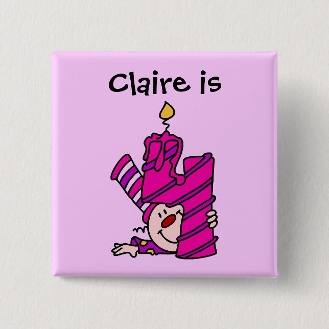 Badge Carré 5 Cm Bougie rose Clown 4e Bouton d'anniversaire (Devant)