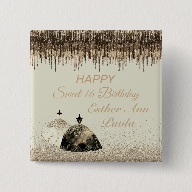 Badge Carré 5 Cm Boule Or tendance Gown Sweet 16 Déchets Anniversai (Devant)