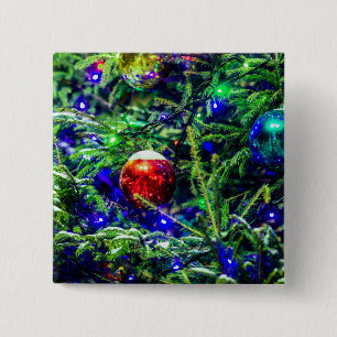 Badge Carré 5 Cm Boule rouge arbre de Noël vert