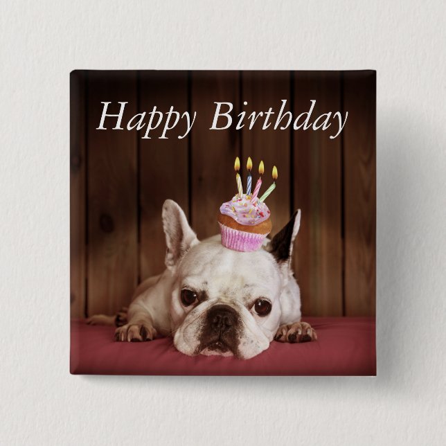 Badge Carré 5 Cm Bouledogue français avec le petit gâteau (Devant)