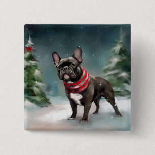 Badge Carré 5 Cm Bouledogue français dans la neige de Noël