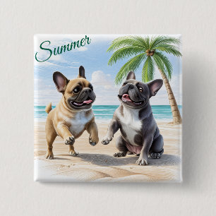Badge Carré 5 Cm Bouledogues français plage Bouledogue français