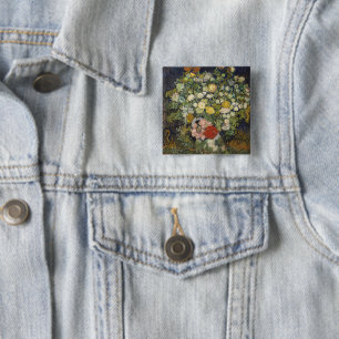 Badge Carré 5 Cm Bouquet Floral Impressionniste Vintage Van Gogh