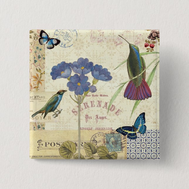 Badge Carré 5 Cm Bouquet vintage des fleurs, des oiseaux et des (Devant)