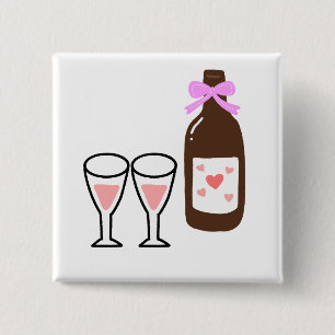Badge Carré 5 Cm Bouteille de vin avec ruban rose et verres