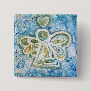 Badge Carré 5 Cm Bouton Angel bleu or