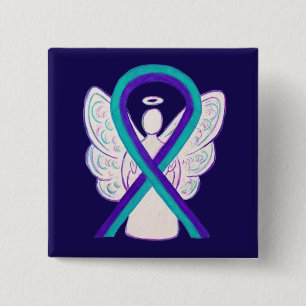 Badge Carré 5 Cm Bouton Angel de sensibilisation Turquoise et viole