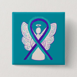 Badge Carré 5 Cm Bouton Angel de sensibilisation Turquoise et viole