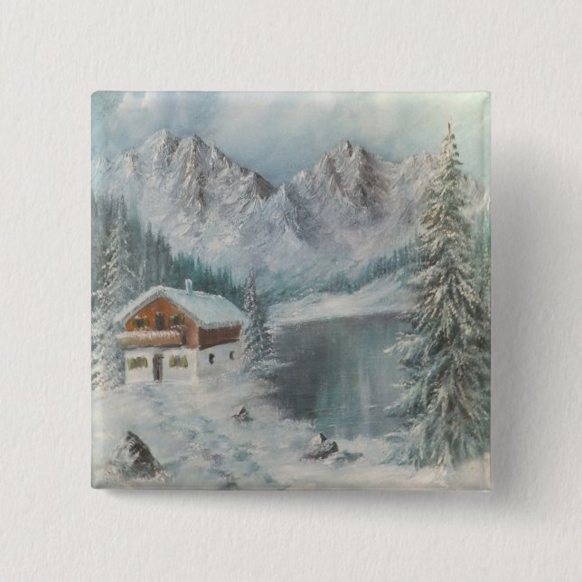 Badge Carré 5 Cm Bouton Ann Hayes Peinture Rêve Bavarois de neige (Devant)