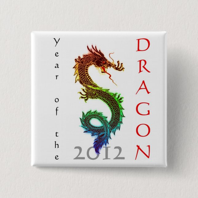 Badge Carré 5 Cm Bouton Année du Dragon 2012 (Devant)