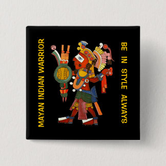 Badge Carré 5 Cm Bouton avec le guerrier indien maya fleuri