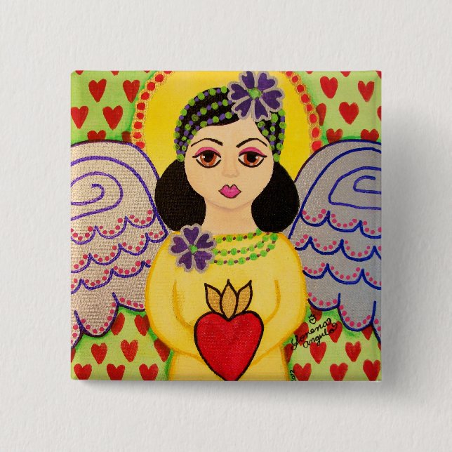 Badge Carré 5 Cm Bouton avec un ange (art populaire) (Devant)