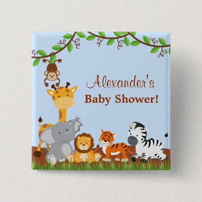 Badge Carré 5 Cm Bouton Baby shower animal de la jungle de Safari C (Devant)