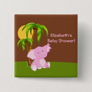 Badge Carré 5 Cm Bouton Baby shower fille éléphante de la jungle 