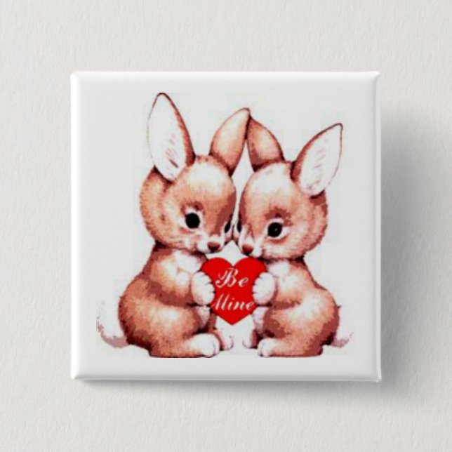 Badge Carré 5 Cm Bouton Be Mine Valentine Bunnies (Devant)