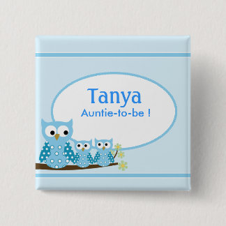 Badge Carré 5 Cm Bouton Bleu Chouette du Baby shower Nom de la bali