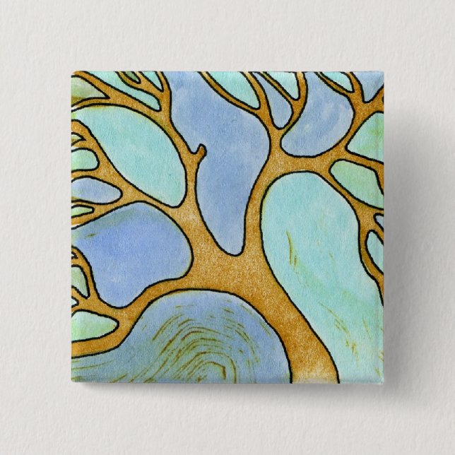 Badge Carré 5 Cm Bouton bleu d'art d'arbre (Devant)