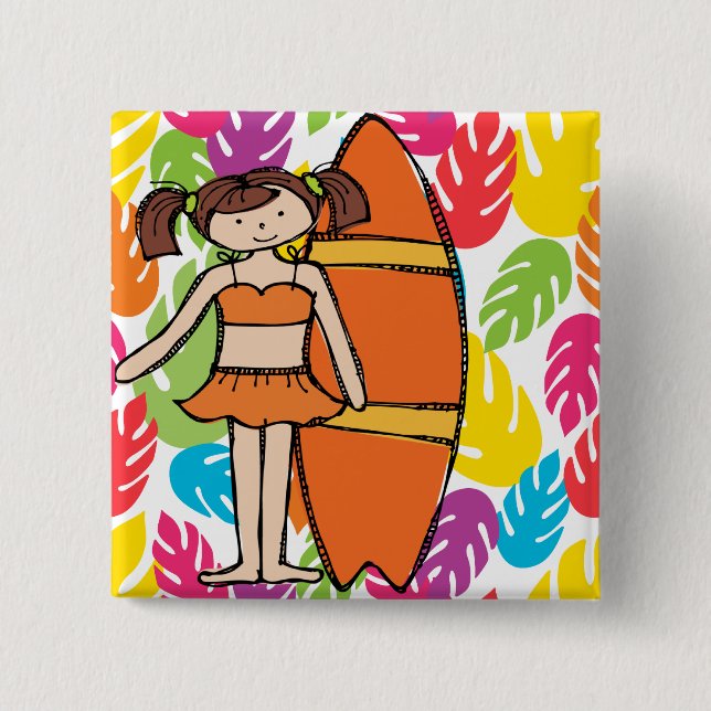 Badge Carré 5 Cm Bouton Brunette Surfer (Devant)