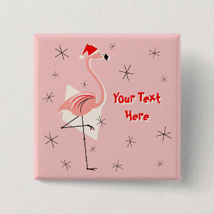 Badge Carré 5 Cm Bouton carré de texte rose Flamingo Santa