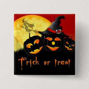 Badge Carré 5 Cm Bouton Carré Halloween/Sorcière volante et Citroui