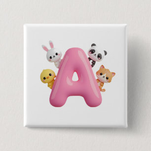 Badge Carré 5 Cm Bouton carré Lettre A ballon rose 3D Animaux de la