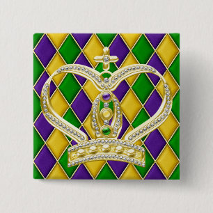 Badge Carré 5 Cm Bouton Carré Mardi Gras Harlequin avec couronne