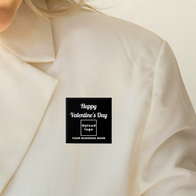 Badge Carré 5 Cm Bouton Carré noir pour la Saint-Valentin d'affaire (Business name and logo with Happy Valentine's Day greeting on black square button.)