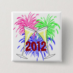Badge Carré 5 Cm Bouton Champagne et feux d'artifice du Nouvel An